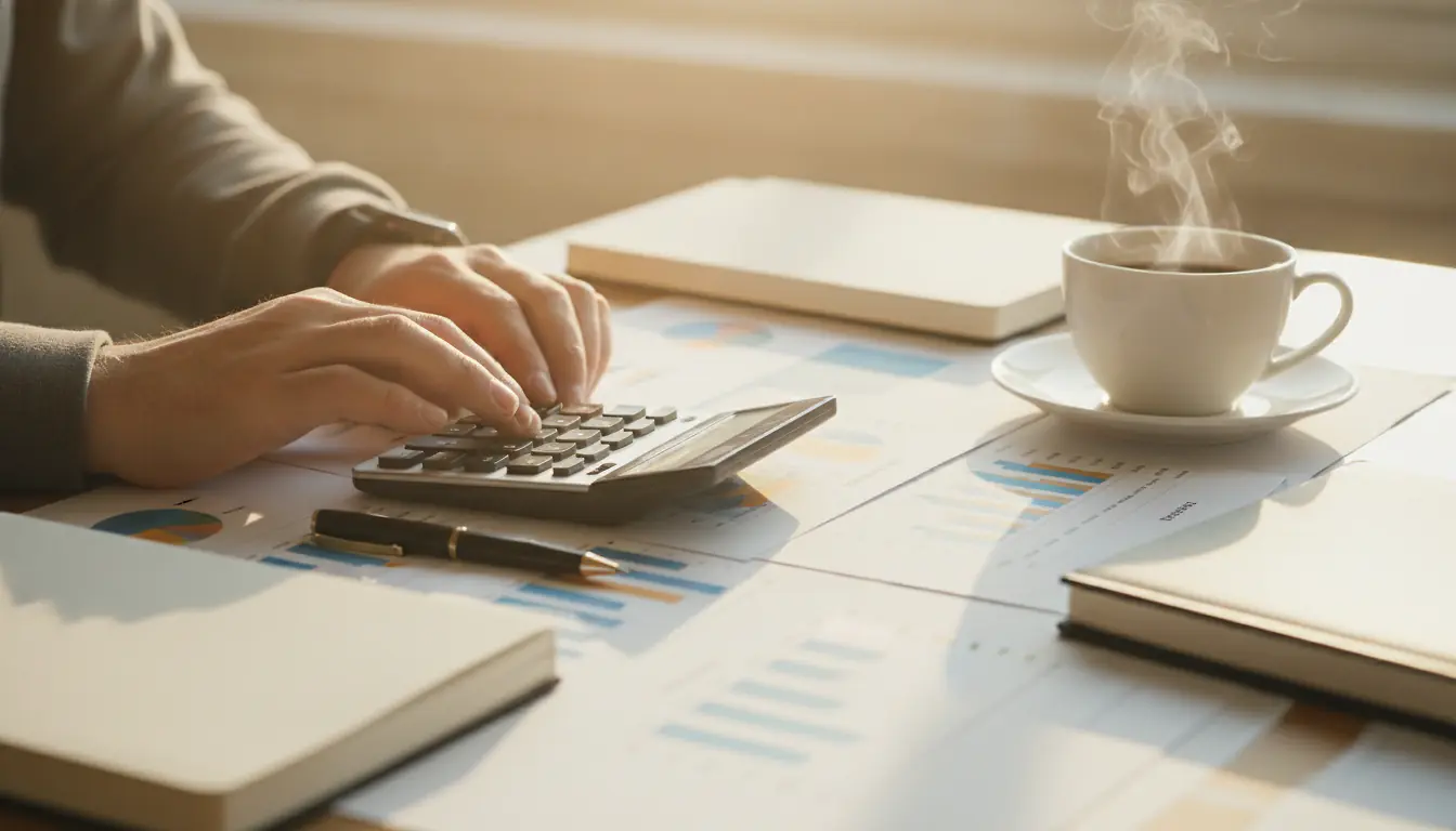 Mains calculant un budget de formation avec calculatrice, documents et café