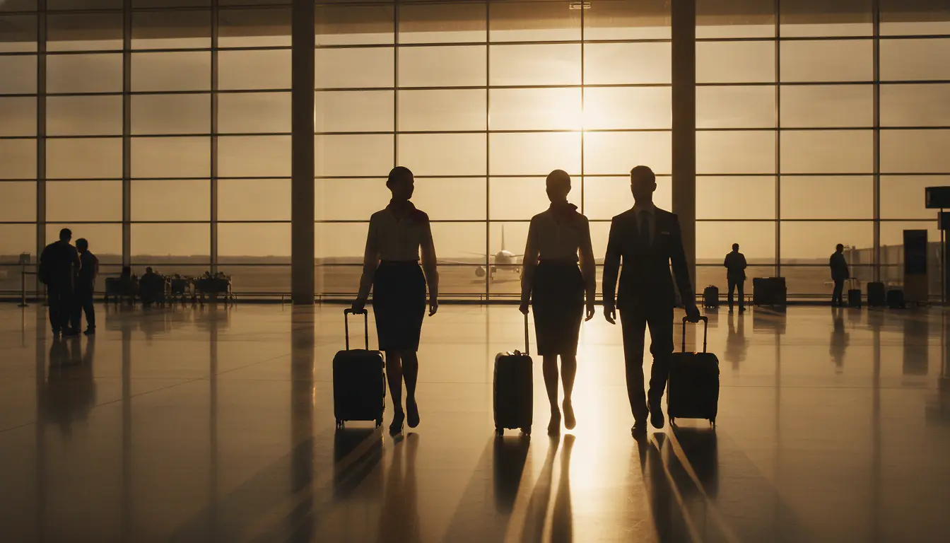 Équipage de cabine traversant un terminal d'aéroport au soleil couchant