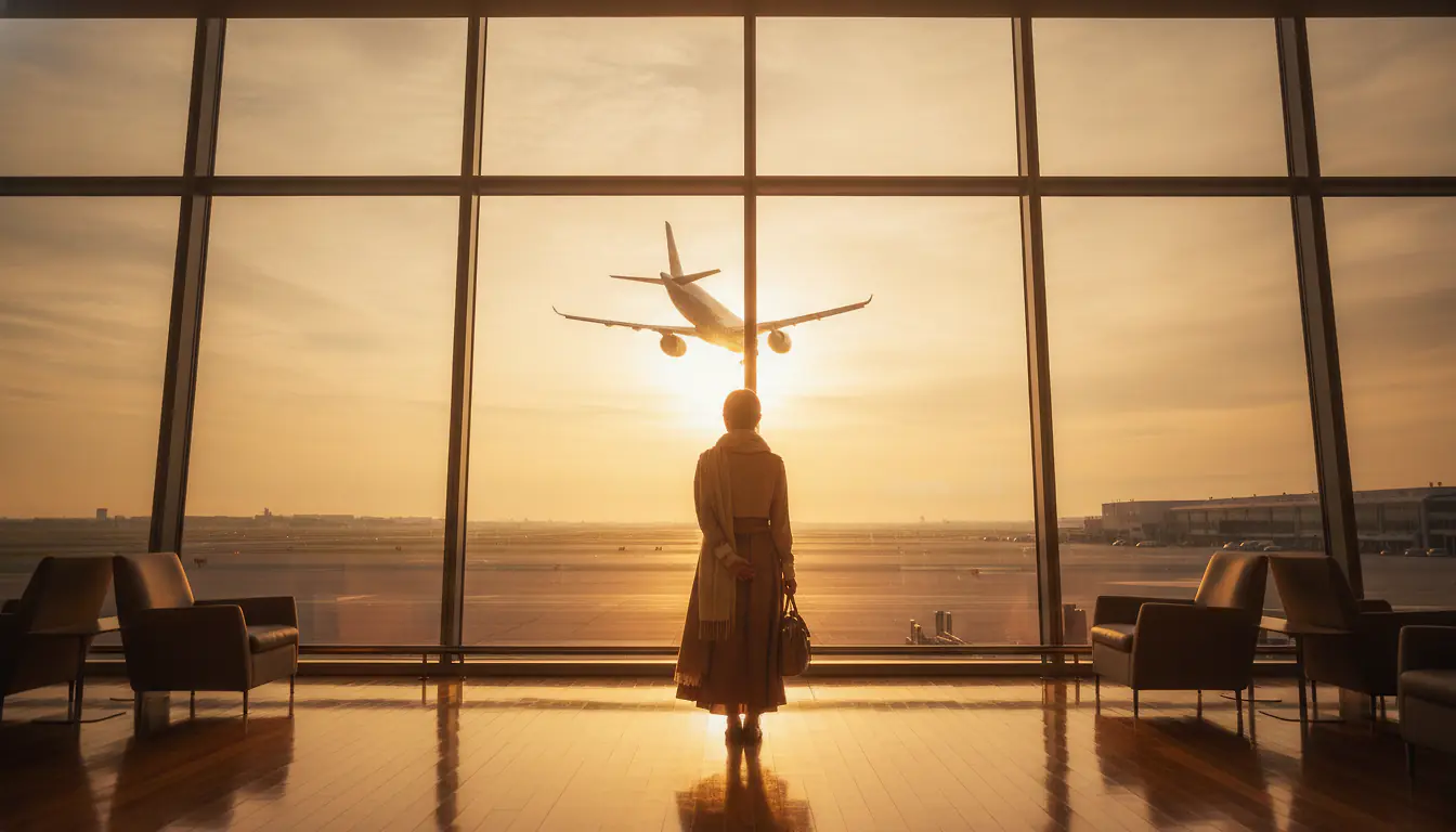 Future PNC regardant un avion décoller depuis la baie vitrée du terminal