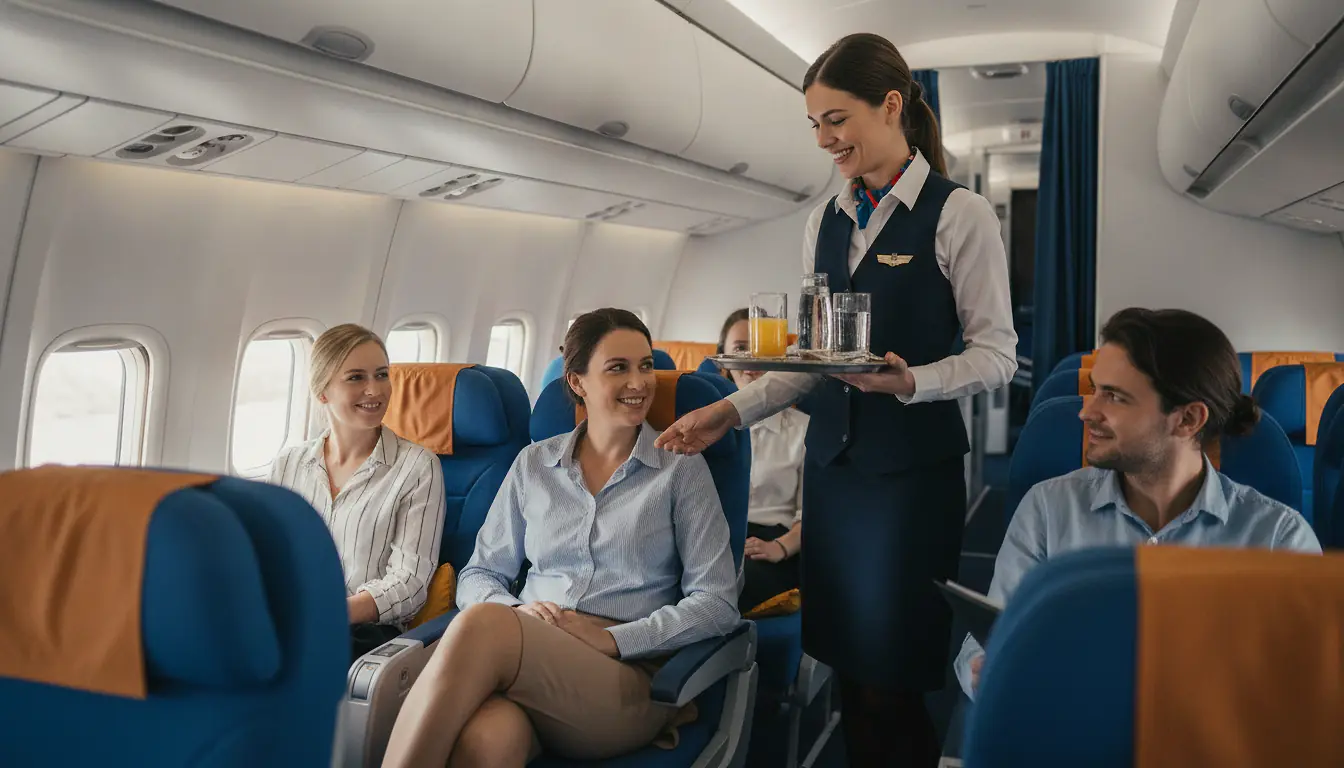Hôtesse de l'air servant des boissons aux passagers en cabine
